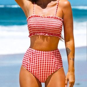 CUPSHE Red Gingham Smocked Bikini